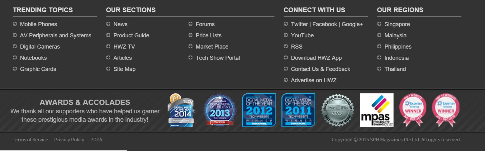 Hardwarezone.com.sg footer showing site language options