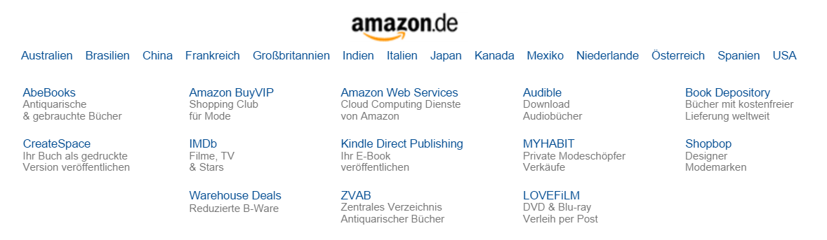 Amazon.de footer in German, showing different country and language options